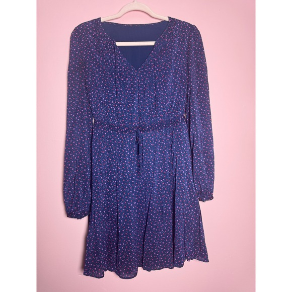 Dresses & Skirts - Navy Blue Pink Star Print V-Neck Long Sleeve Mini Dress Elastic Waist Womens S